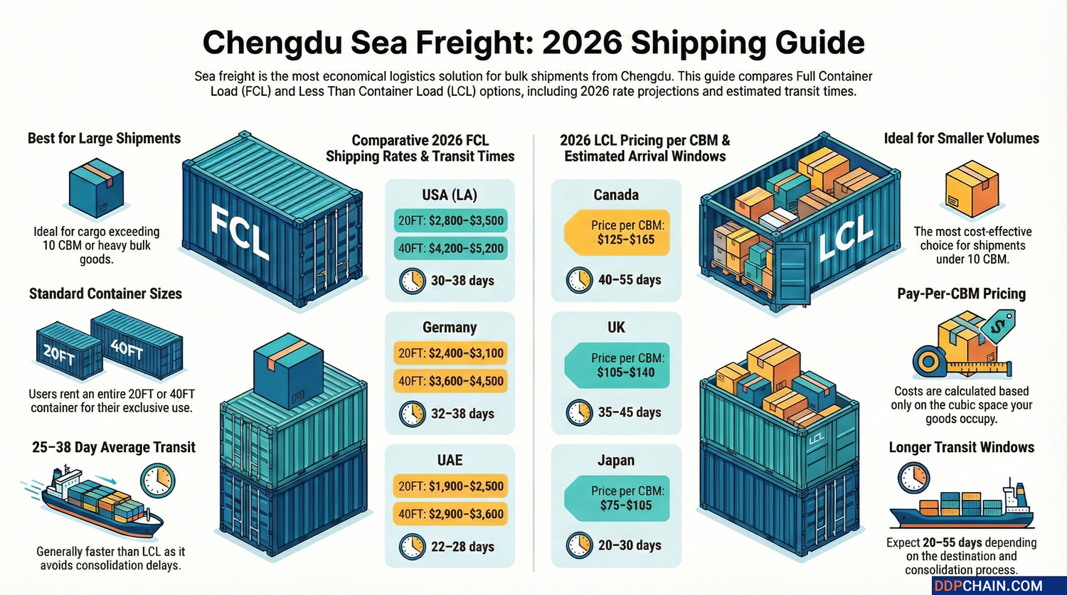 Chengdu Sea Freight Guide Sea freight from Chengdu infographic comparing FCL and LCL shipping rates and transit times