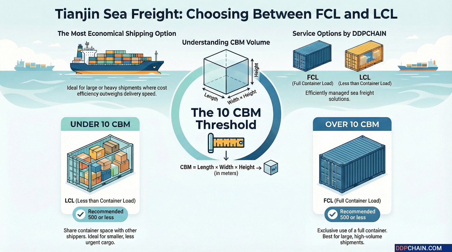 Sea freight from Tianjin infographic comparing FCL and LCL shipping options by CBM