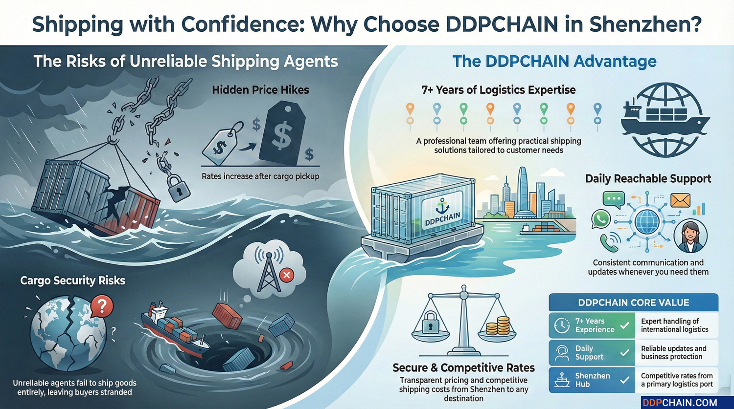 Why choose DDPCHAIN freight forwarder in Shenzhen infographic showing logistics advantages and shipping risks