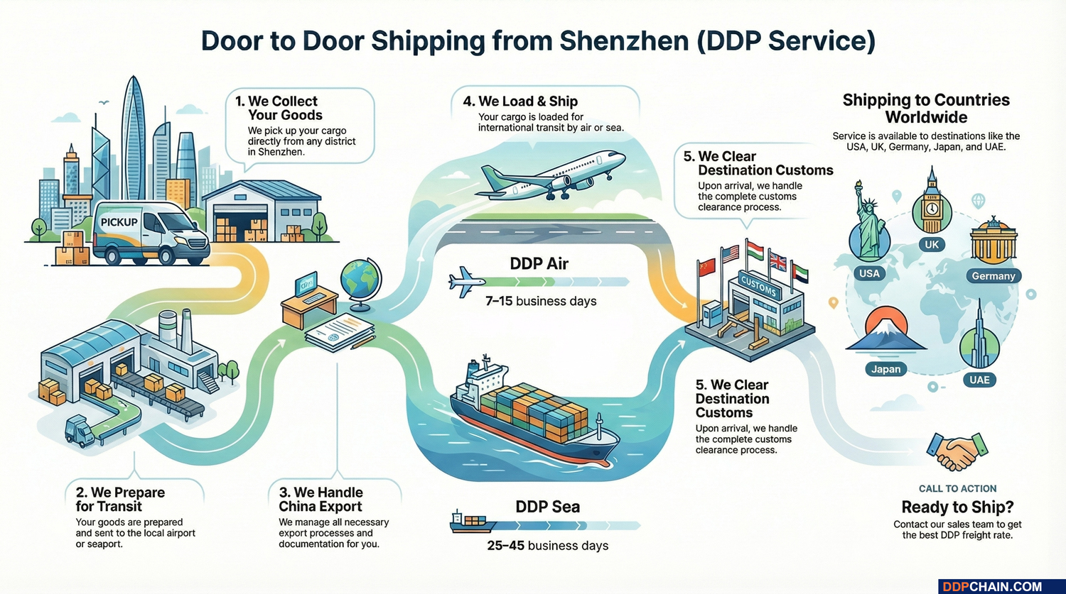 Door to door shipping from Shenzhen DDP service infographic showing pickup, customs clearance, and delivery steps