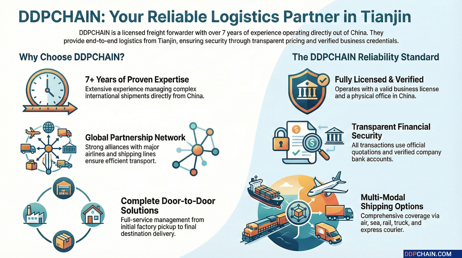 Infographic explaining why choose DDPCHAIN as freight forwarder in Tianjin logistics services