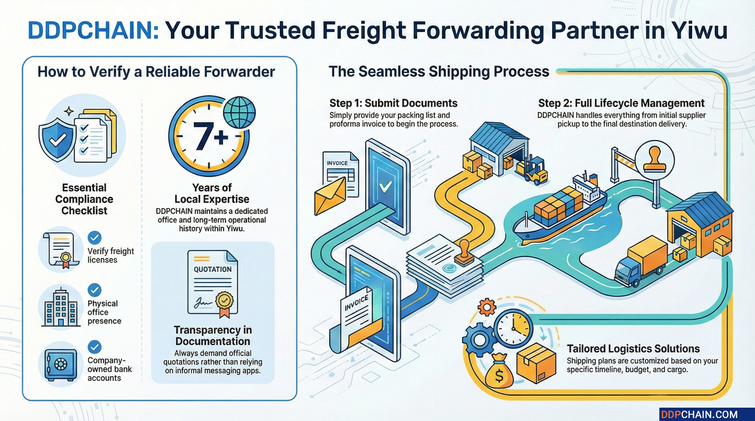 DDPCHAIN freight forwarder in Yiwu infographic showing logistics process and reliability checklist
