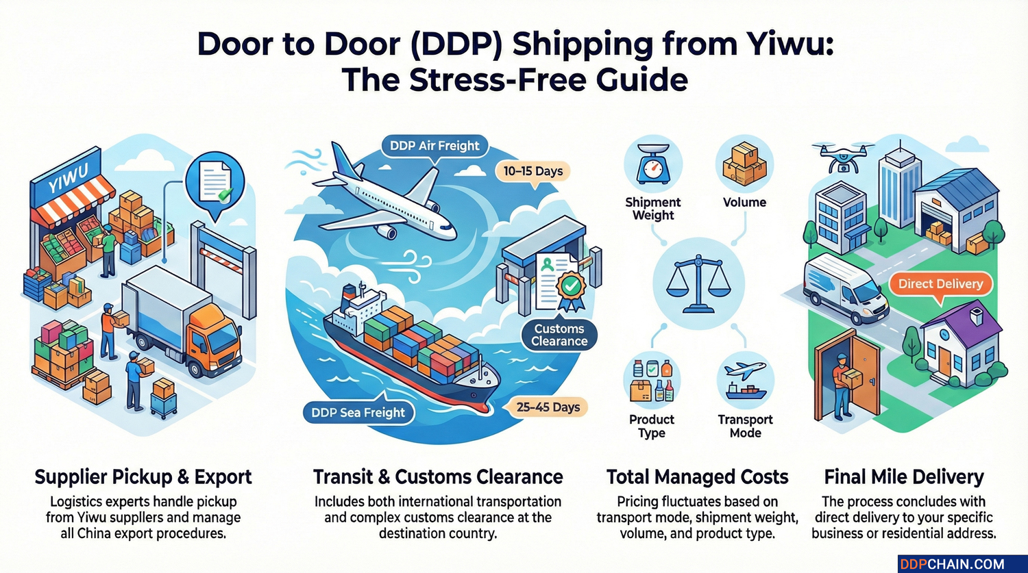 DDP shipping from Yiwu infographic showing door to door delivery process and transit times
