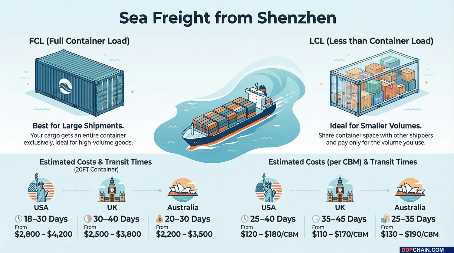Sea freight from Shenzhen infographic comparing FCL and LCL shipping costs and transit times