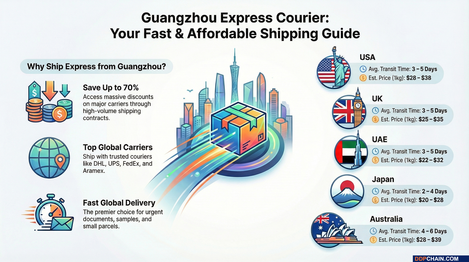 Express courier service from Guangzhou infographic showing global delivery times and shipping rates