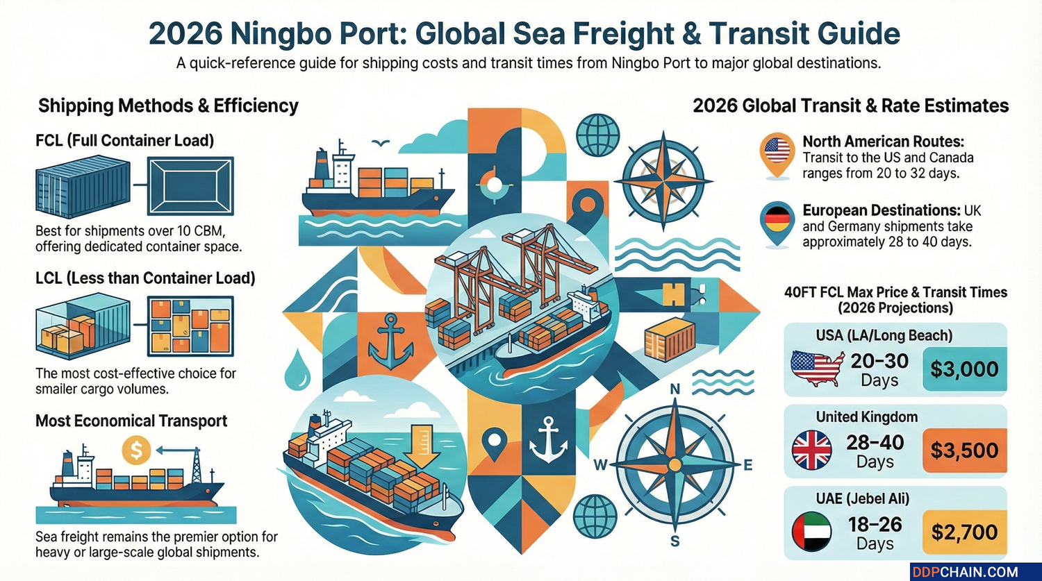 Sea freight from Ningbo infographic showing shipping methods transit times and global routes