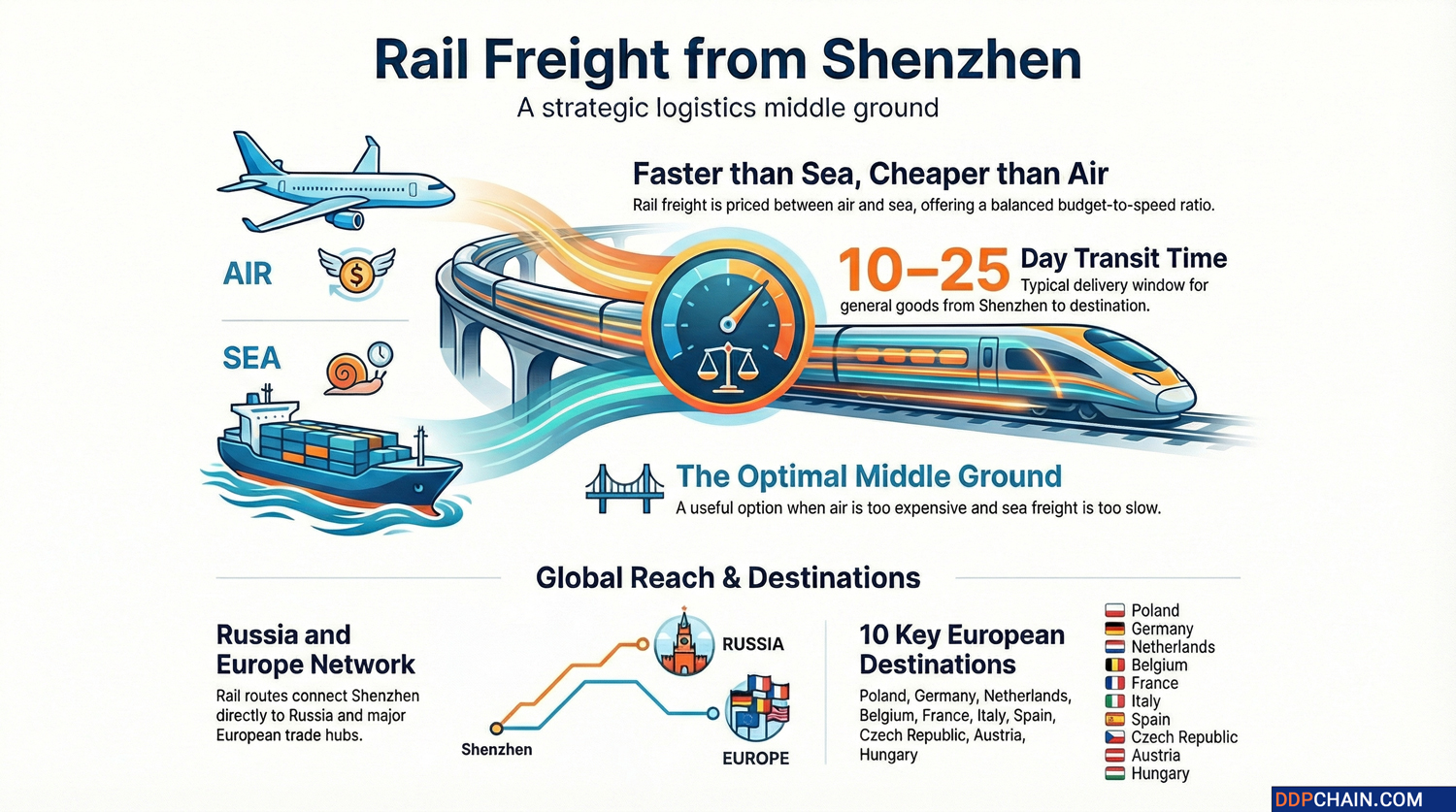 Rail freight from Shenzhen infographic comparing rail, air, and sea transit times to Europe