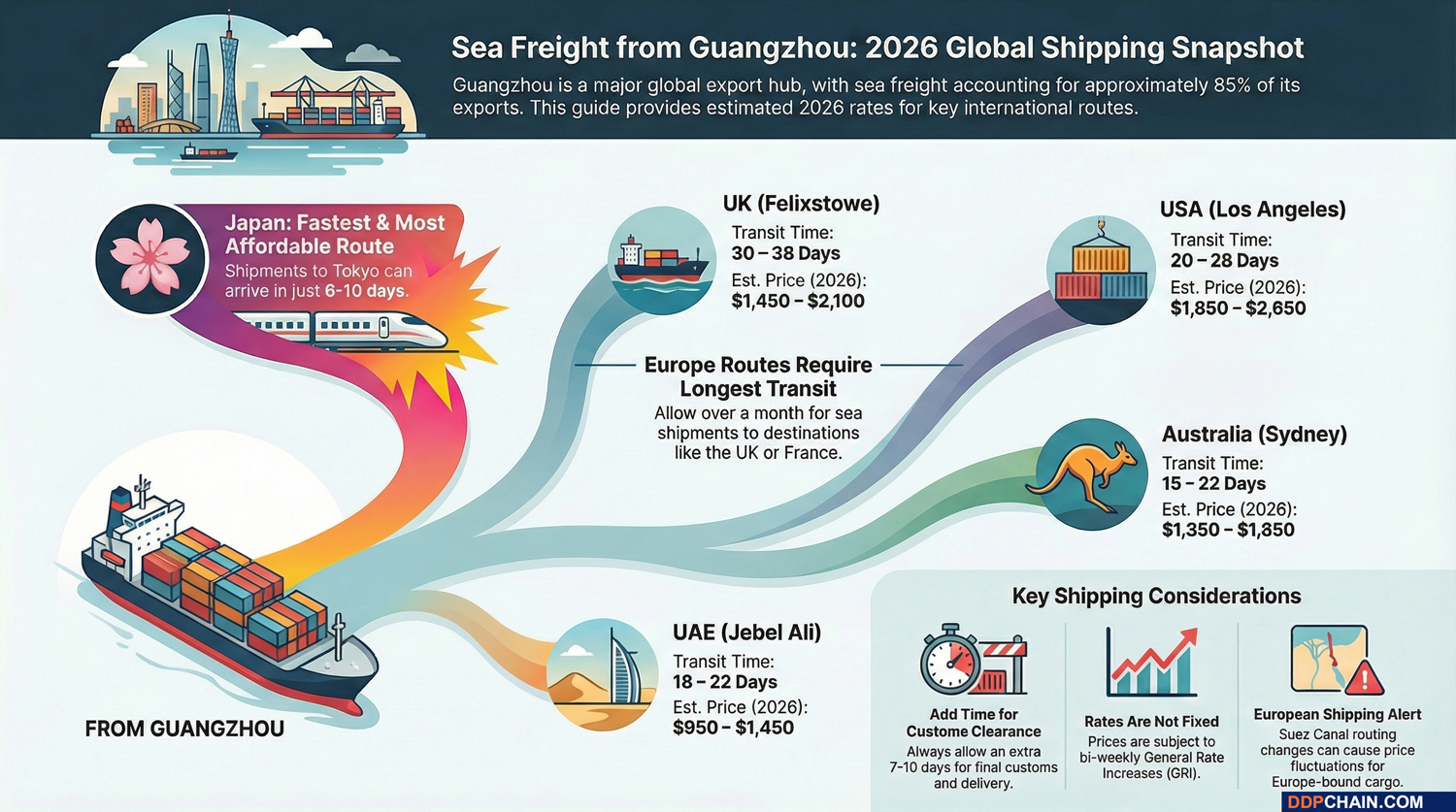 Sea freight from Guangzhou infographic showing global shipping routes transit times and estimated rates