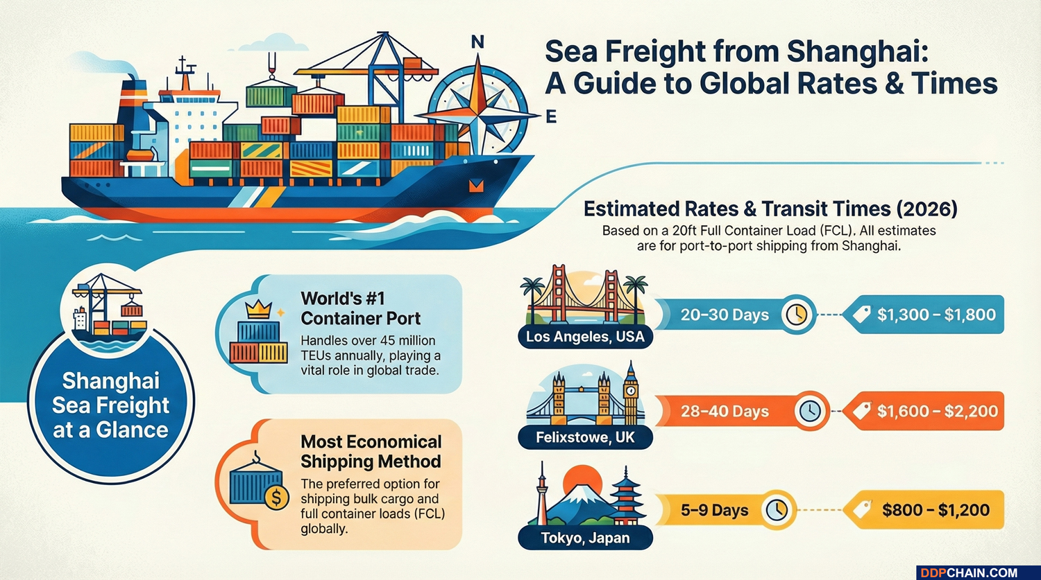 Sea freight from Shanghai infographic showing container shipping routes, transit times, and global rates