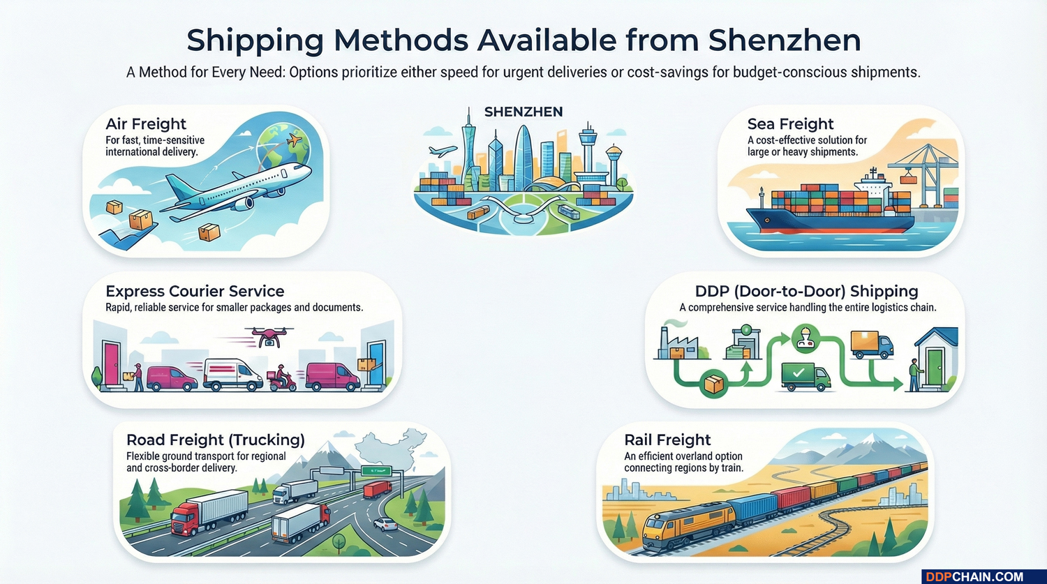 Shipping methods available from Shenzhen infographic showing air, sea, rail, road, express, and DDP shipping