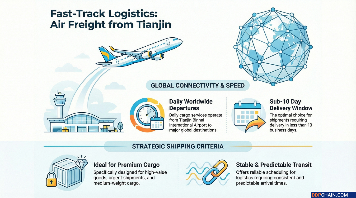 Air freight from Tianjin infographic showing global cargo flights and fast delivery times