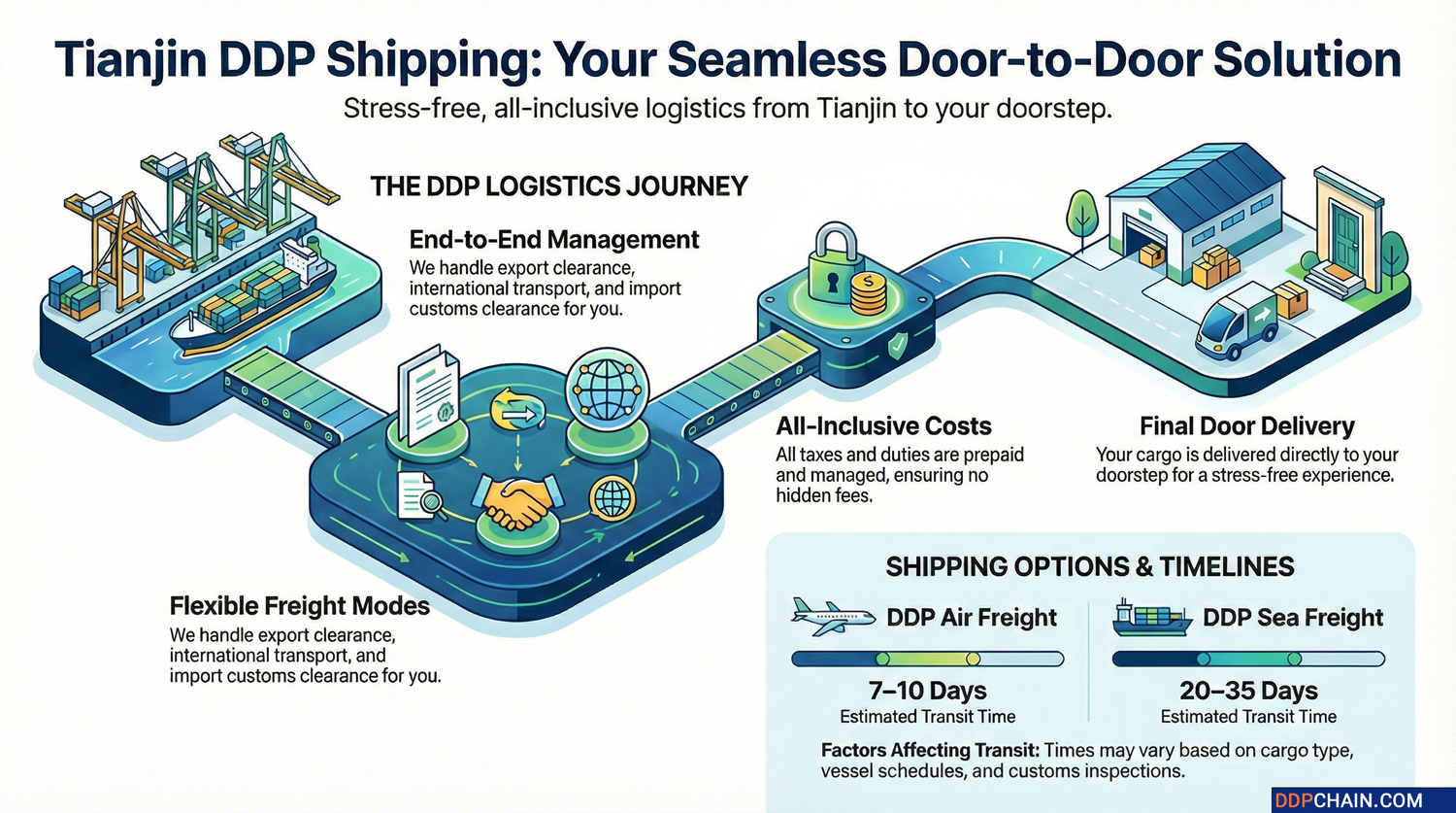 Door to door DDP shipping from Tianjin infographic showing logistics process and delivery times