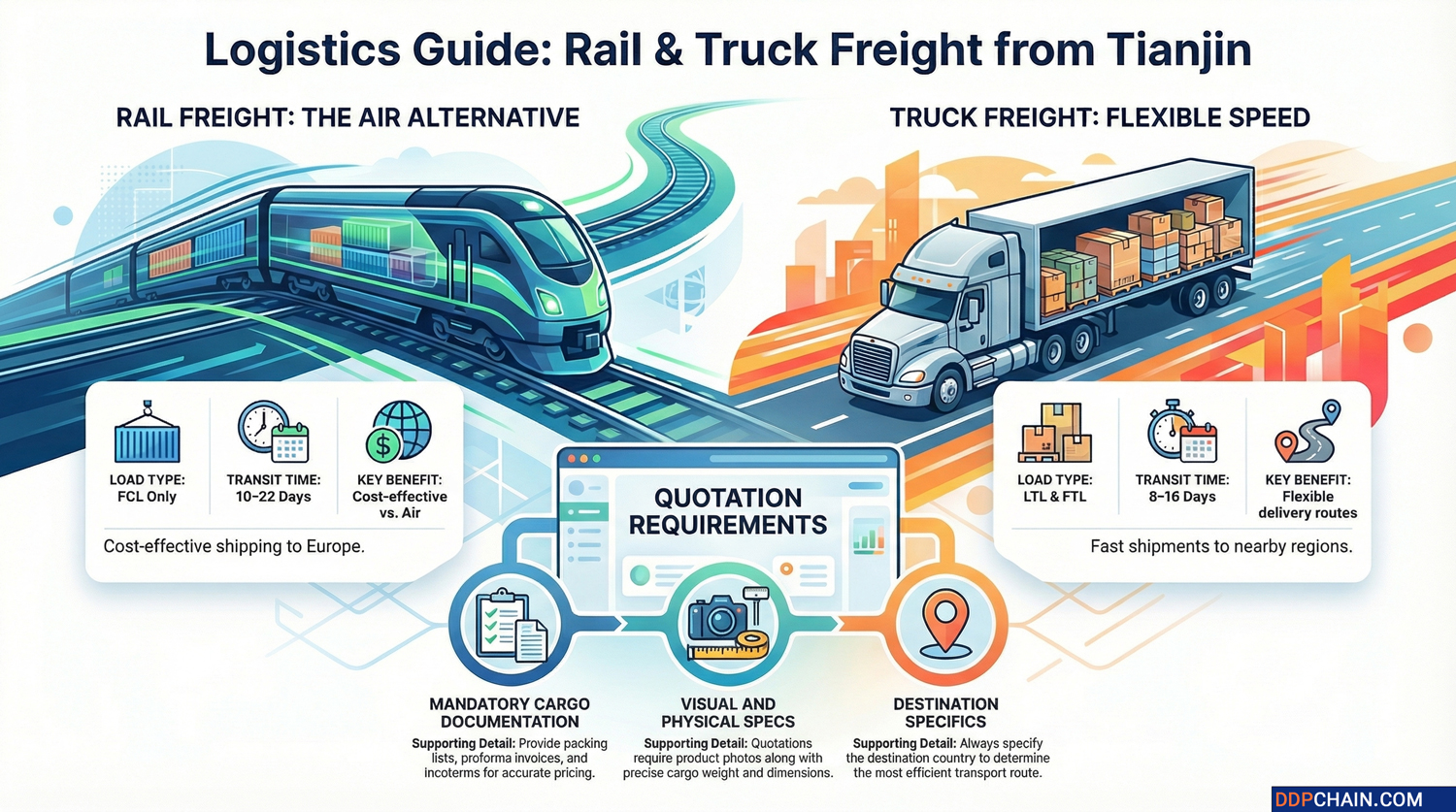 Rail and truck freight from Tianjin infographic showing overland shipping transit times