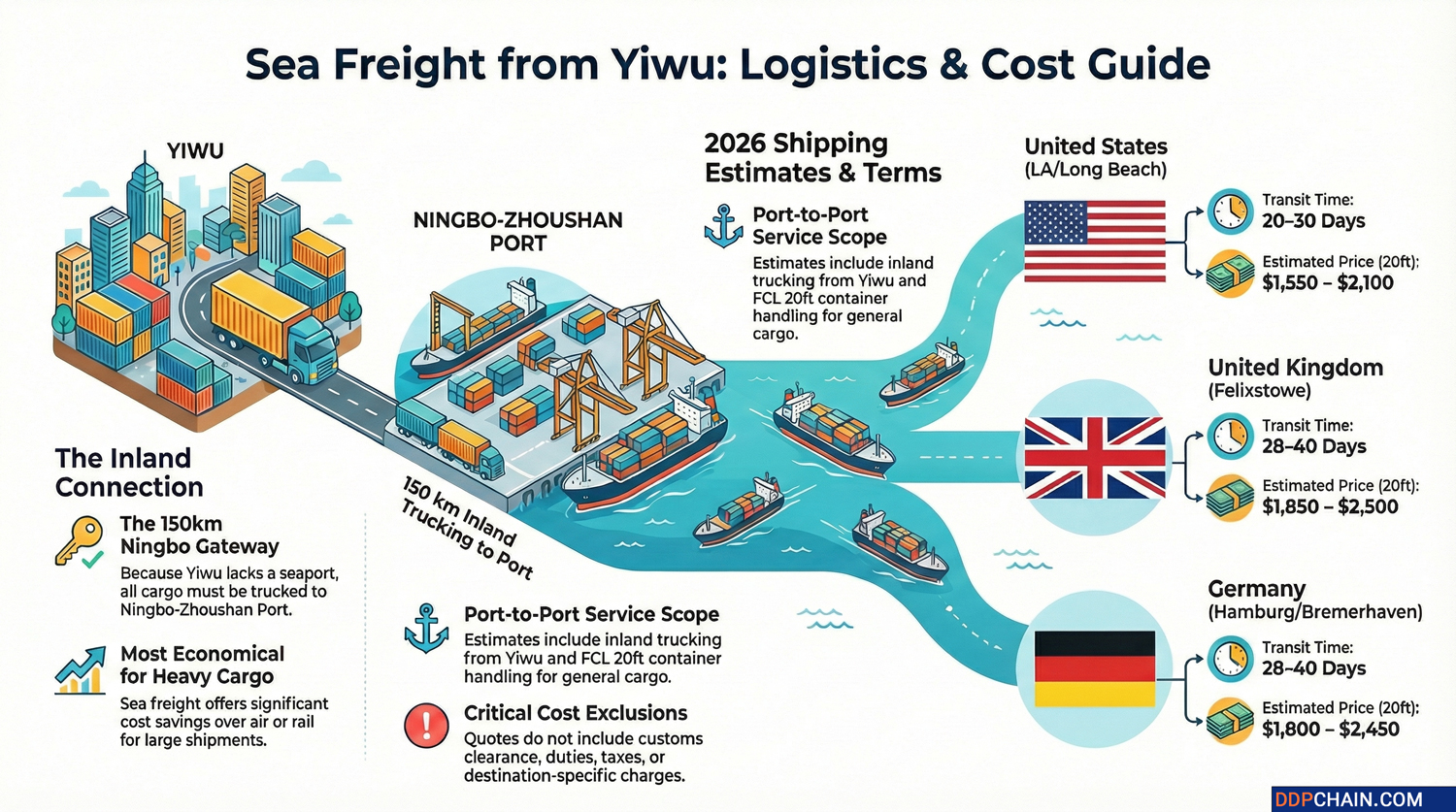 Sea freight from Yiwu infographic showing Ningbo port routes transit times and shipping costs
